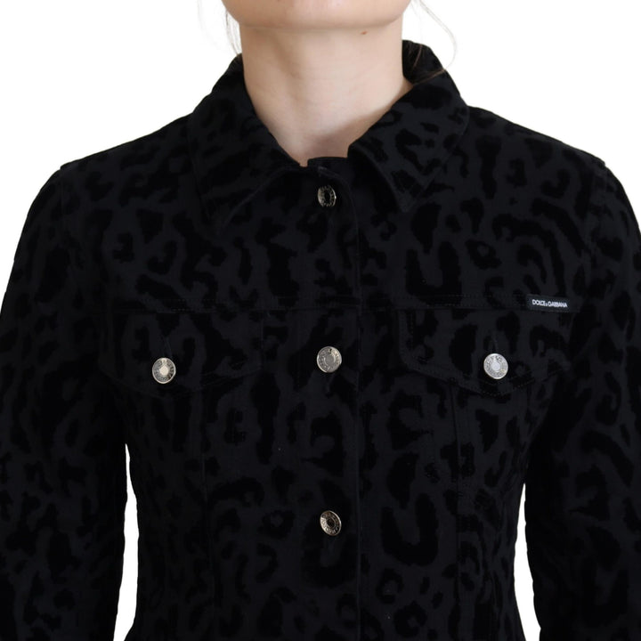 Dolce & Gabbana Black Leopard Long Sleeve Denim Cotton Jacket