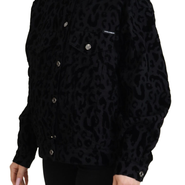 Dolce & Gabbana Black Leopard Long Sleeve Denim Cotton Jacket