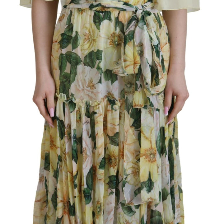 Dolce & Gabbana Yellow Floral Print Pleated Maxi Silk Dress