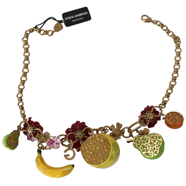 Dolce & Gabbana FRUIT Pendants Flowers Crystal DG Logo Gold Brass Necklace