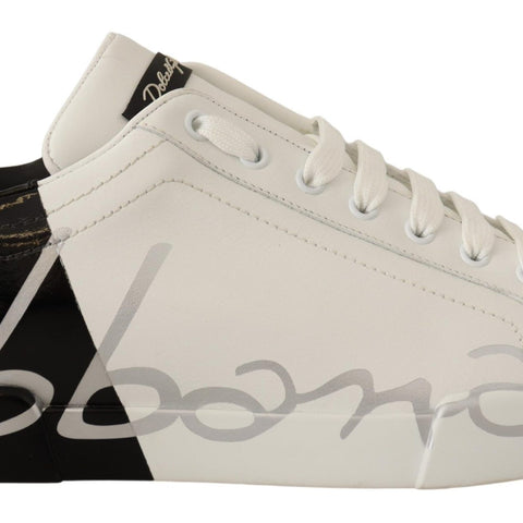 Dolce & Gabbana White Black Leather Logo Print Mens Sneakers Shoes