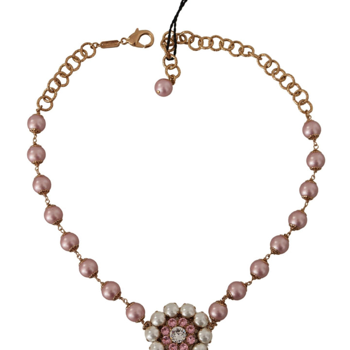 Dolce & Gabbana Gold Brass Crystal Pink Faux Pearl Pendants Necklace