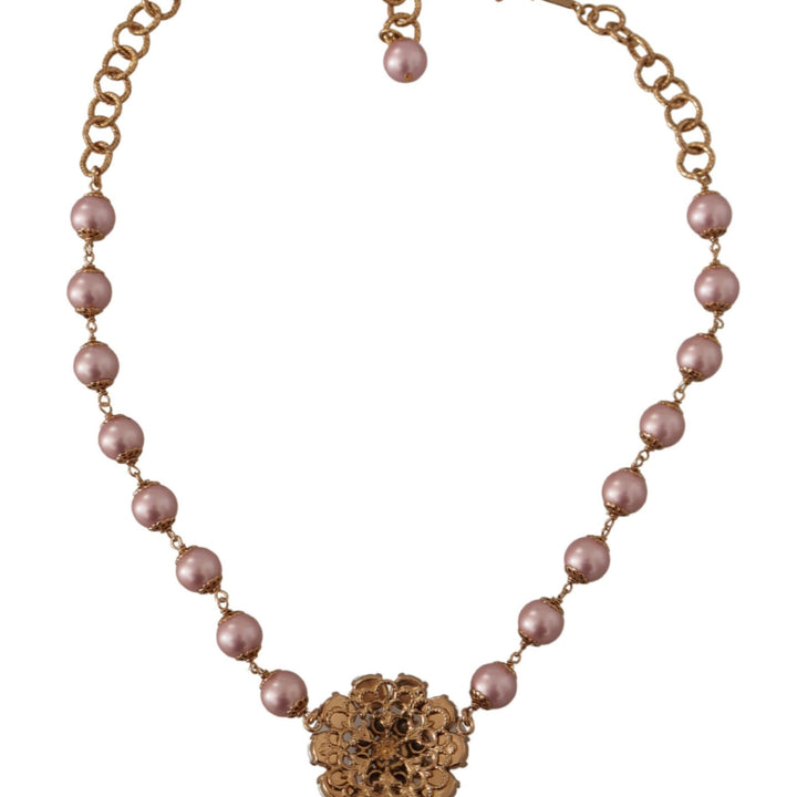 Dolce & Gabbana Gold Brass Crystal Pink Faux Pearl Pendants Necklace