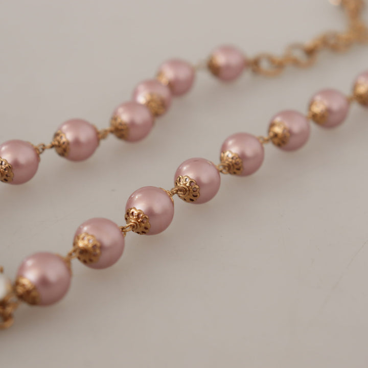 Dolce & Gabbana Gold Brass Crystal Pink Faux Pearl Pendants Necklace