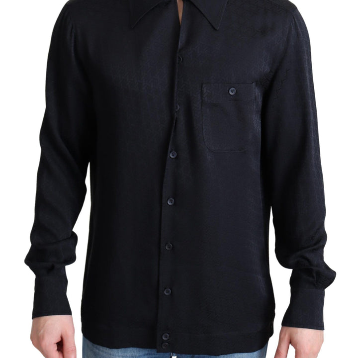 Dolce & Gabbana Black Jacquard Silk Casual Button Down Shirt