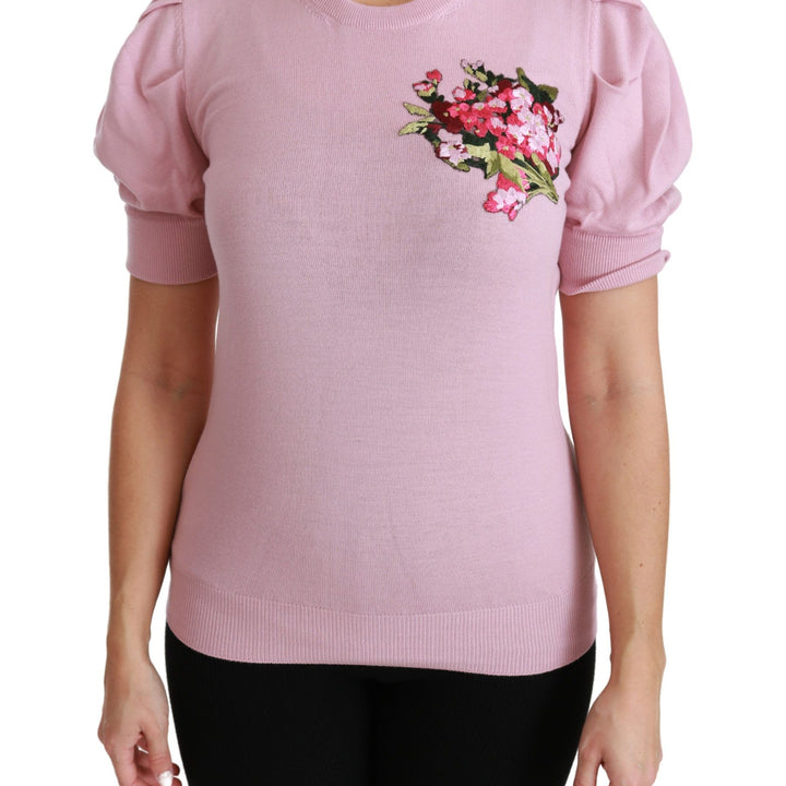 Dolce & Gabbana Pink Floral Embroidered Blouse Wool Top