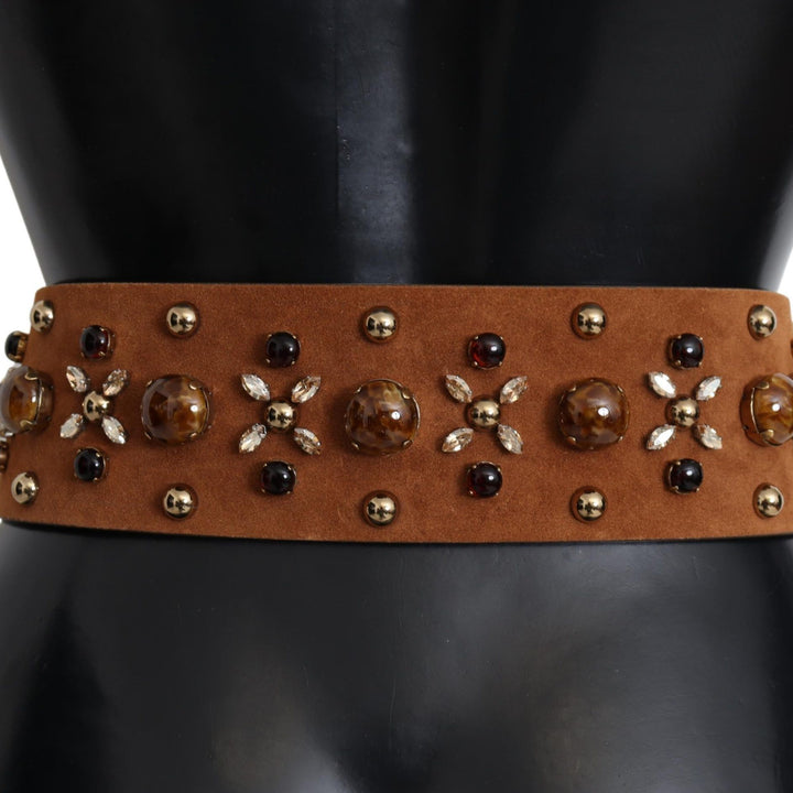 Dolce & Gabbana Brown Crystal Gold Buckle Leather Belt