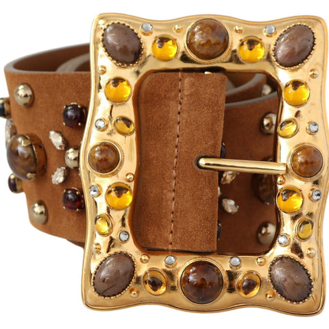 Dolce & Gabbana Brown Crystal Gold Buckle Leather Belt
