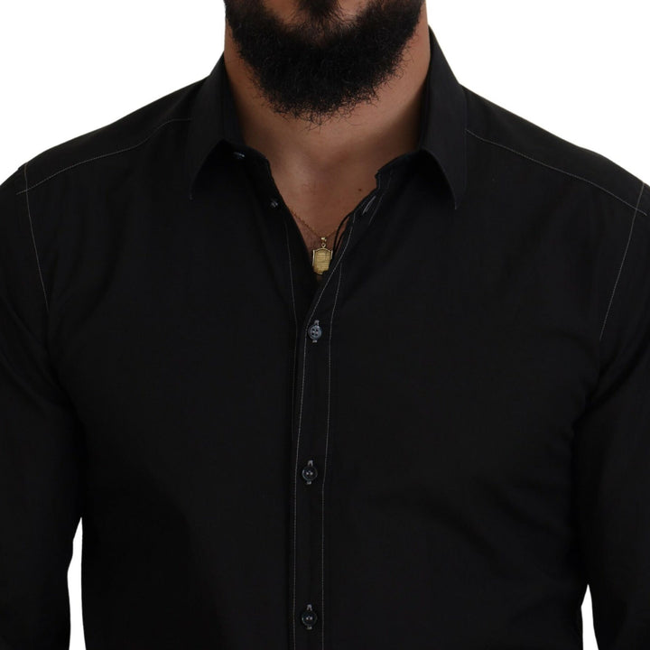 Dolce & Gabbana Black Cotton Collared Long Sleeve GOLD Shirt