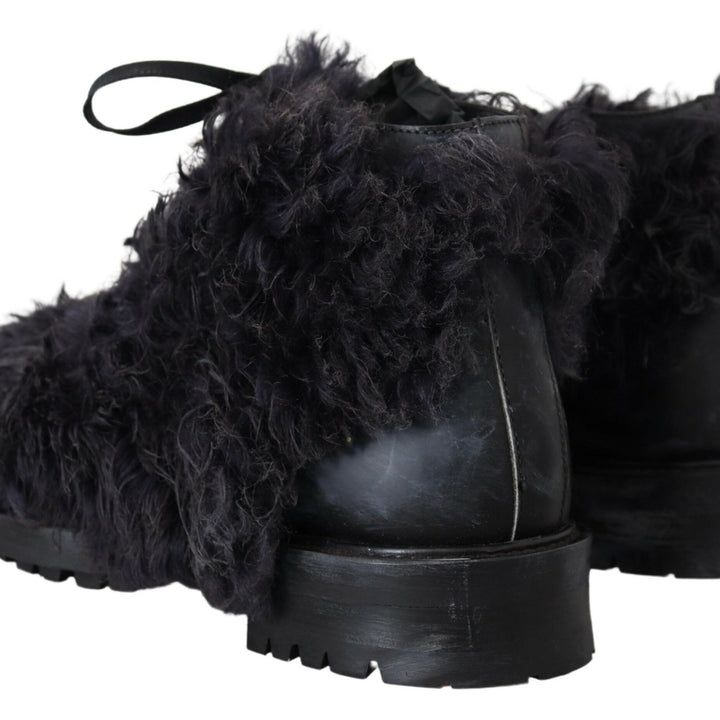 Dolce & Gabbana Black Leather Combat Shearling Boots Shoes