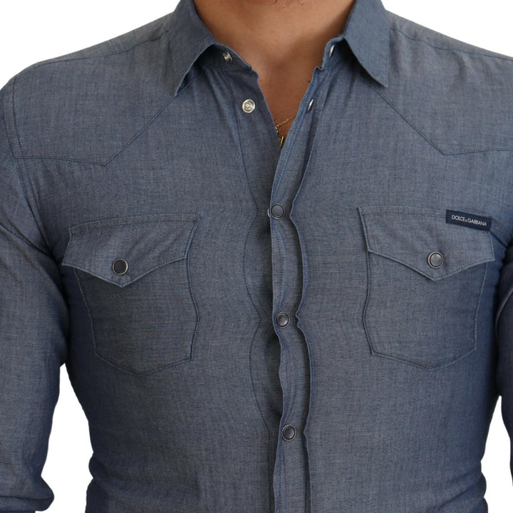 Dolce & Gabbana Blue Cotton Collared Long Sleeve Casual Shirt