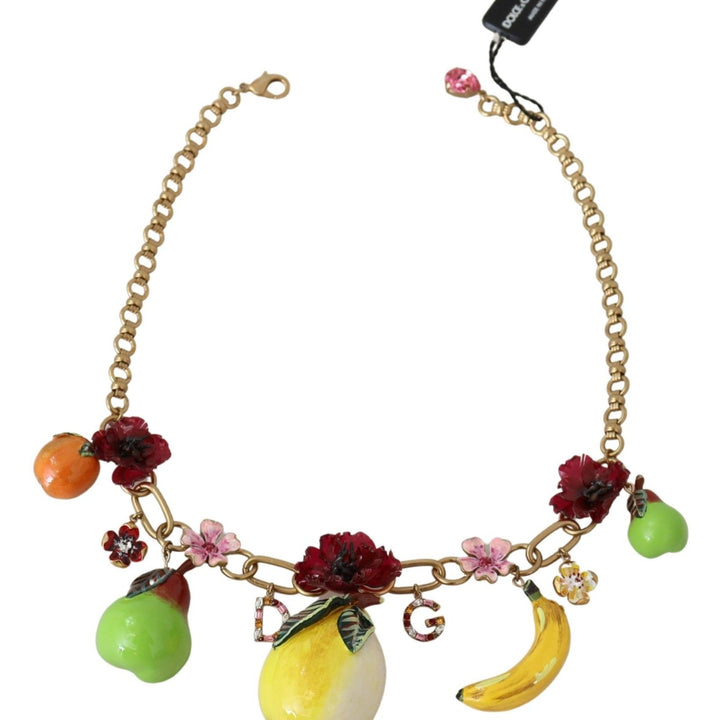 Dolce & Gabbana Fruit Pendant Flower Crystal DG Logo Gold Brass Necklace