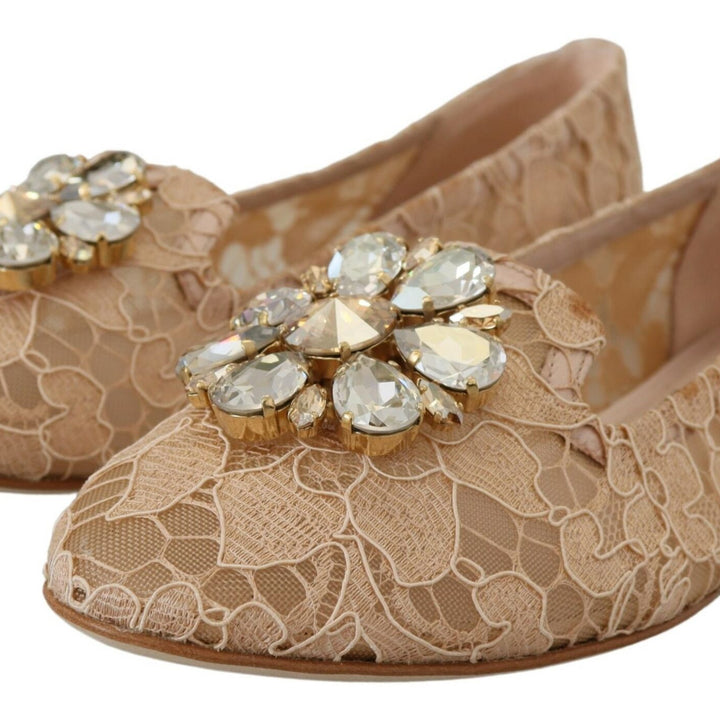 Dolce & Gabbana Beige Taormina Lace Crystals Ballet Flats Shoes