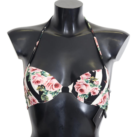 Dolce & Gabbana Multicolor Striped Rose Print Swimwear Bikini Tops