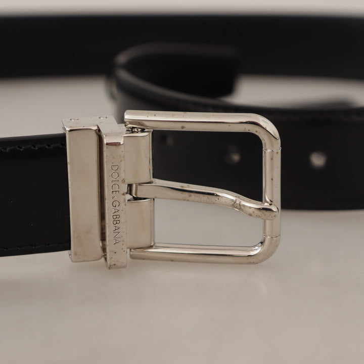 Dolce & Gabbana Black Calf Leather Silver Tone Metal Buckle Belt