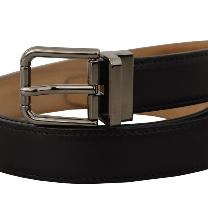 Dolce & Gabbana Black Calf Leather Logo Engraved Metal Buckle Belt