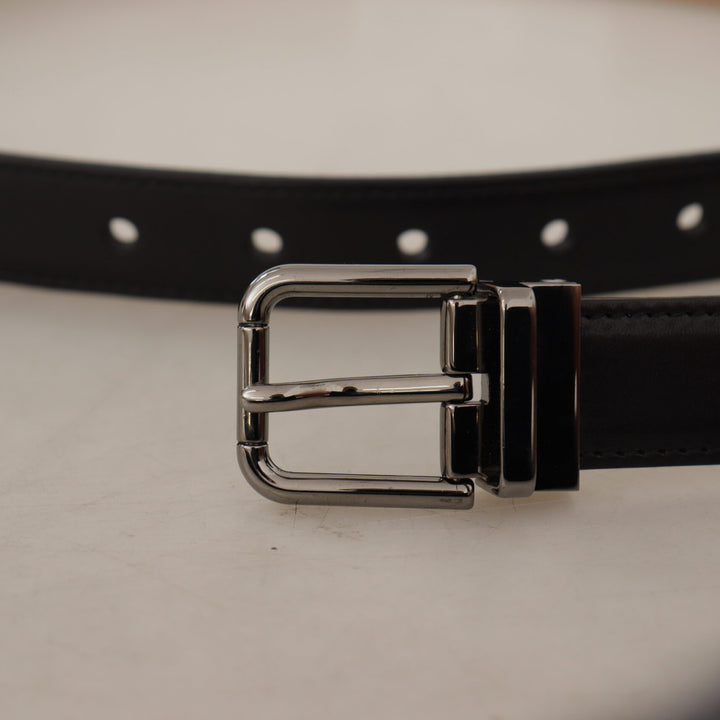 Dolce & Gabbana Black Calf Leather Logo Engraved Metal Buckle Belt