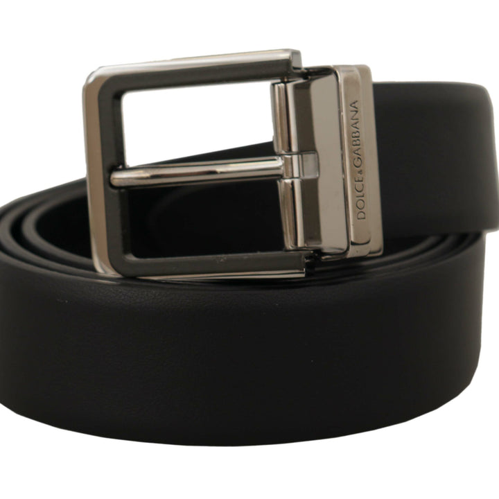 Dolce & Gabbana Black Calf Leather Logo Engraved Metal Buckle Belt