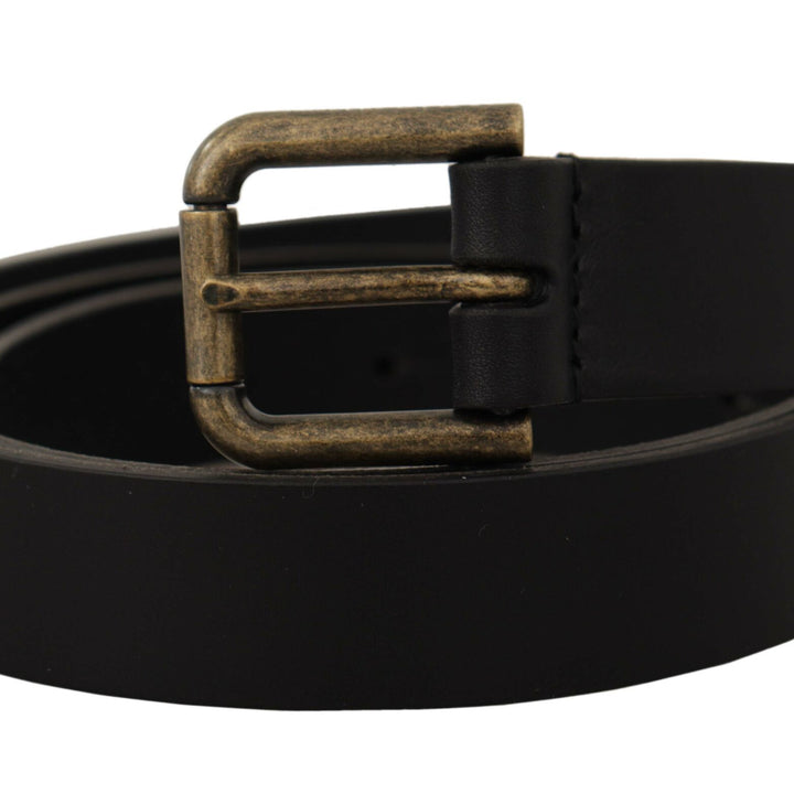 Dolce & Gabbana Black Calf Leather Logo Brass Metal Buckle Belt