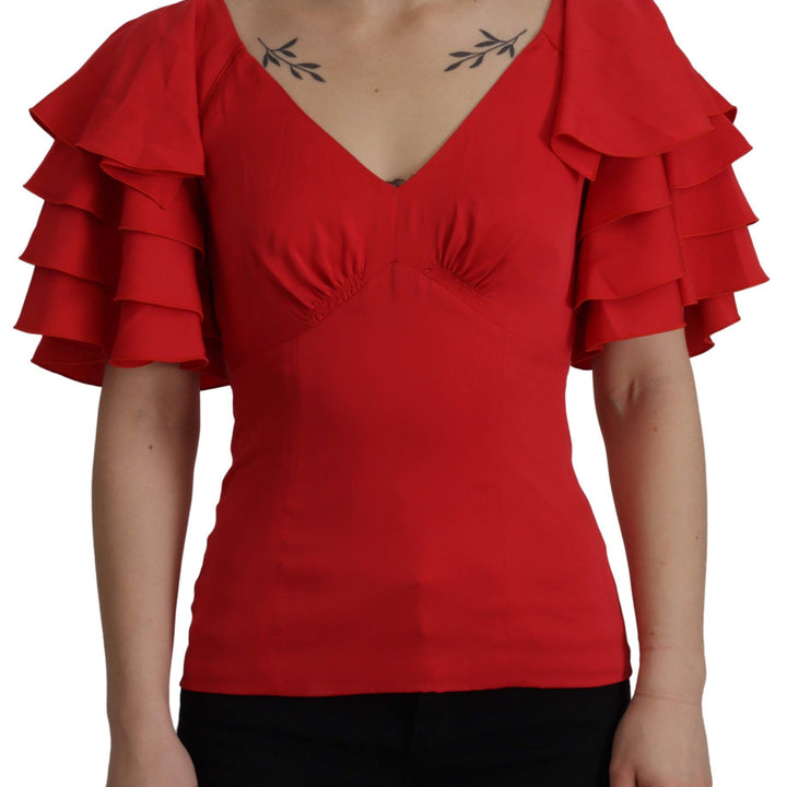 Dolce & Gabbana Red V-Neck Sleeve Zipper Back Blouse Ruffle Top