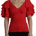 Dolce & Gabbana Red V-Neck Sleeve Zipper Back Blouse Ruffle Top