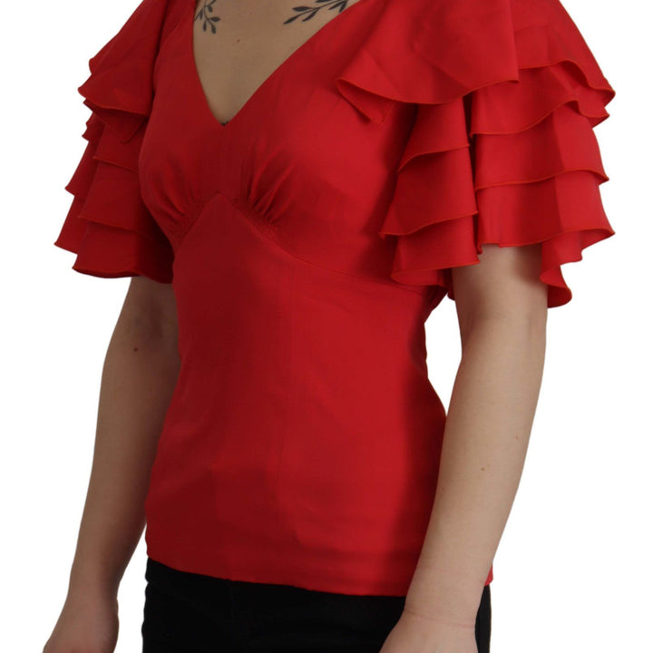 Dolce & Gabbana Red V-Neck Sleeve Zipper Back Blouse Ruffle Top
