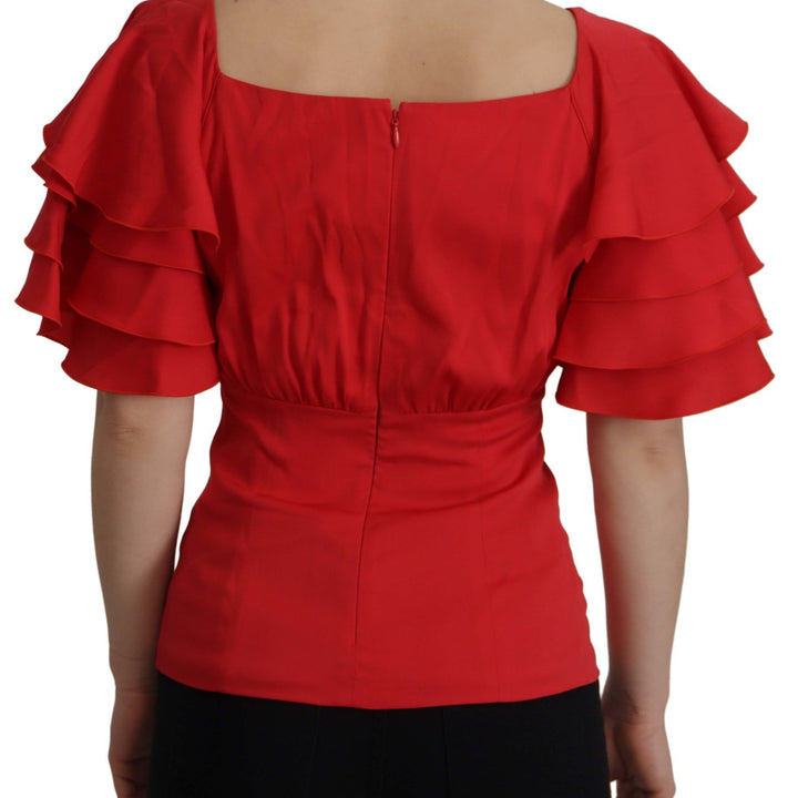 Dolce & Gabbana Red V-Neck Sleeve Zipper Back Blouse Ruffle Top