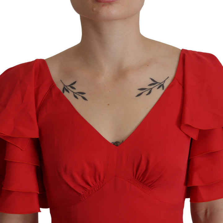 Dolce & Gabbana Red V-Neck Sleeve Zipper Back Blouse Ruffle Top