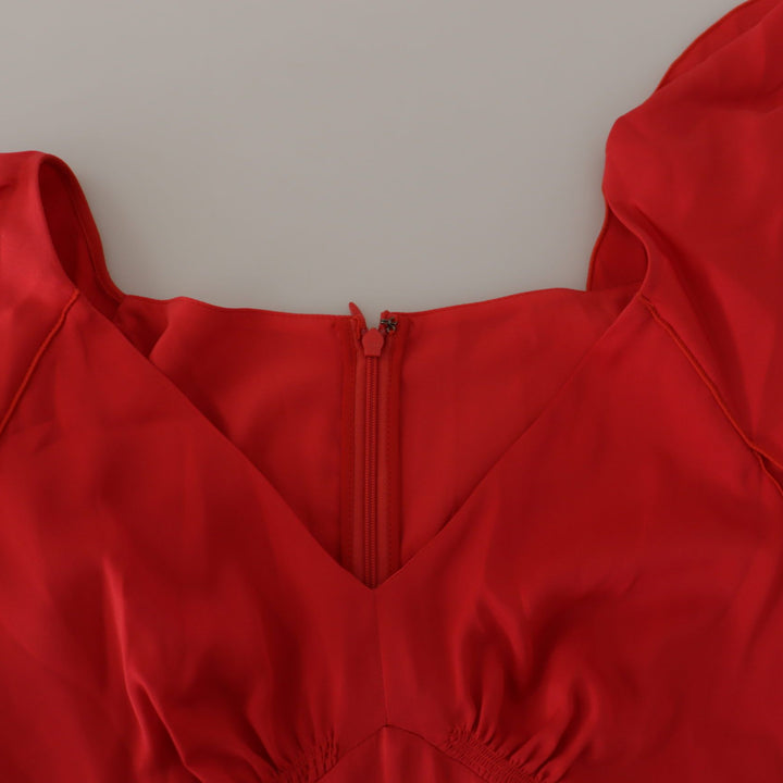 Dolce & Gabbana Red V-Neck Sleeve Zipper Back Blouse Ruffle Top