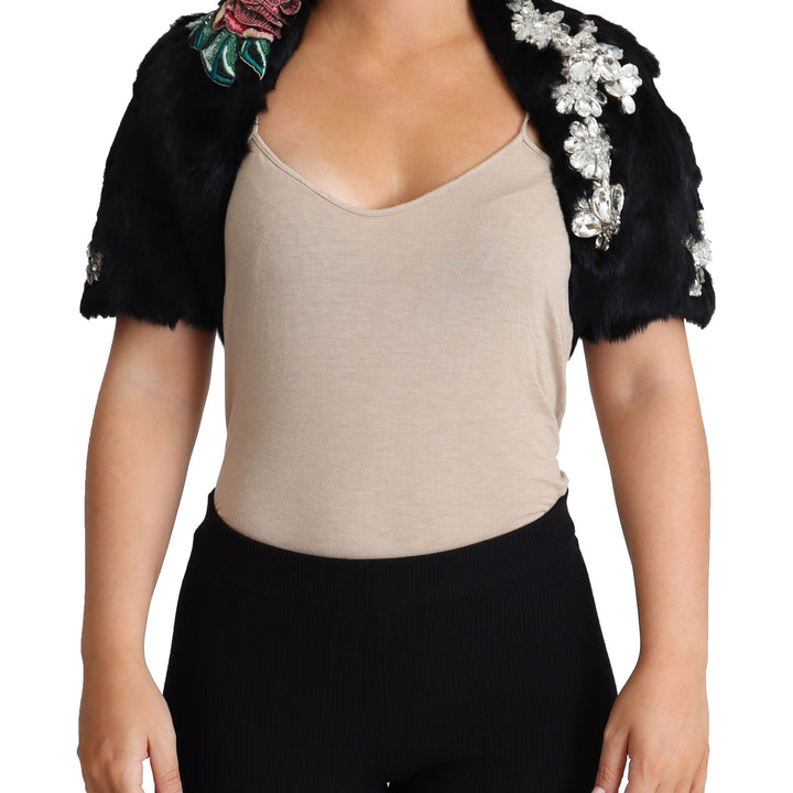 Dolce & Gabbana Black Rabbit Fur Crystals Sequin Coat