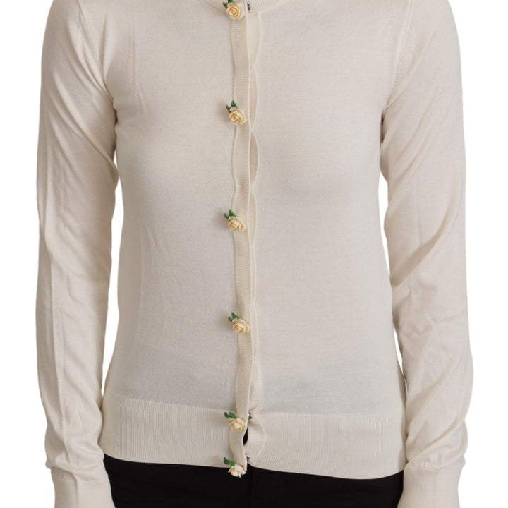 Dolce & Gabbana White Silk Knit Rose Button Cardigan Sweater