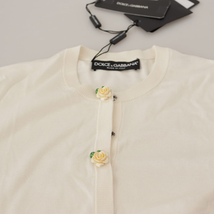 Dolce & Gabbana White Silk Knit Rose Button Cardigan Sweater