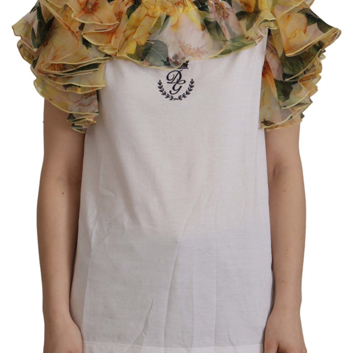 Dolce & Gabbana White Floral Ruffled Vest DG Crown Embroidered Top