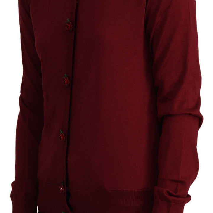 Dolce & Gabbana Maroon Silk Knitted Crewneck Cardigan Sweater