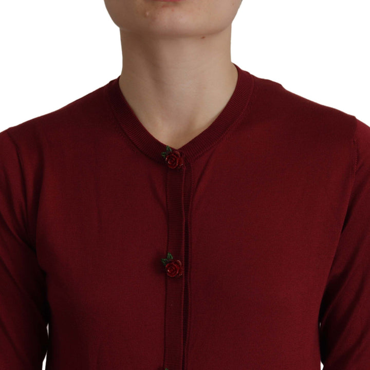 Dolce & Gabbana Maroon Silk Knitted Crewneck Cardigan Sweater