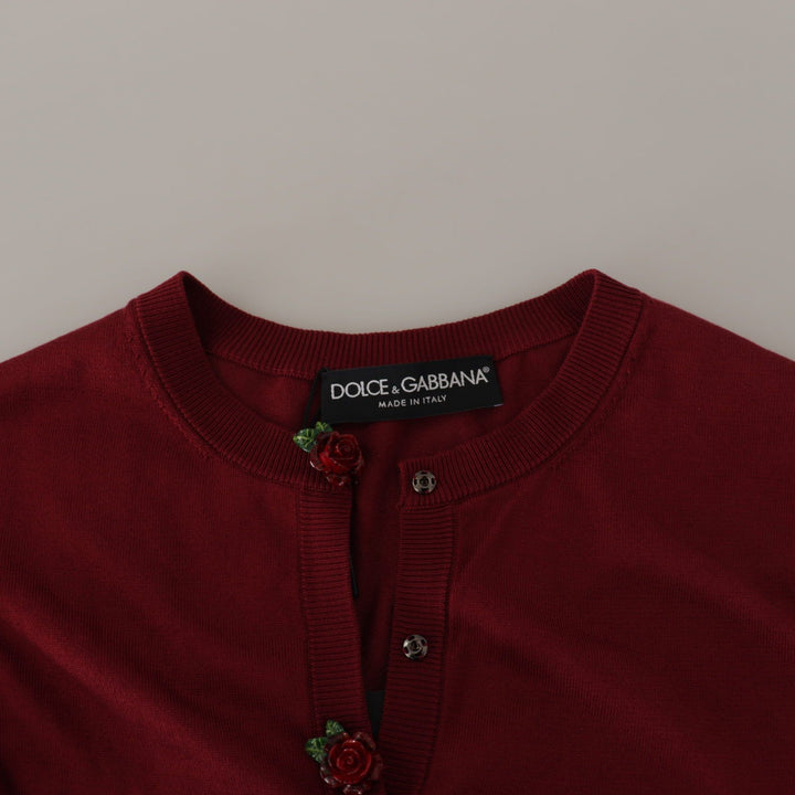 Dolce & Gabbana Maroon Silk Knitted Crewneck Cardigan Sweater