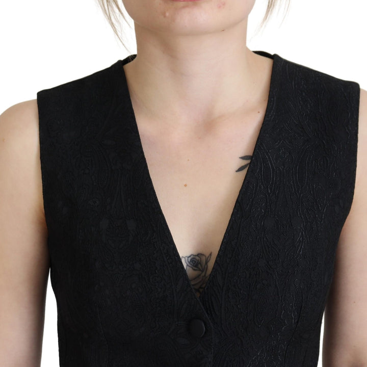 Dolce & Gabbana Black Brocade Button Down Sleeveless Vest Top