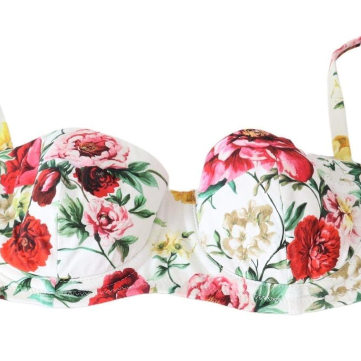 Dolce & Gabbana White Floral Print Swimsuit Beachwear Bikini Tops