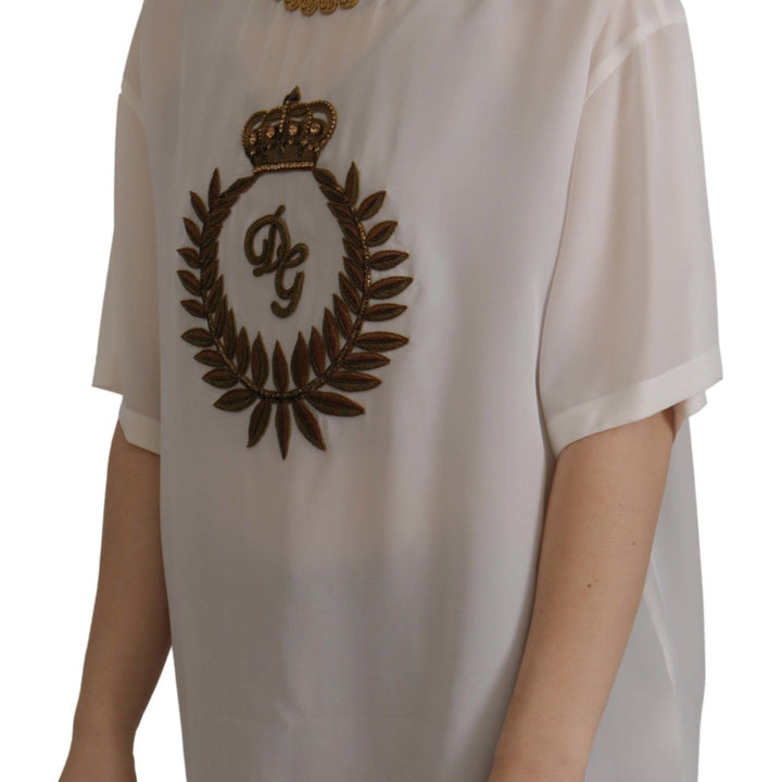 Dolce & Gabbana White Silk Gold DG Crown Crystal Blouse Top