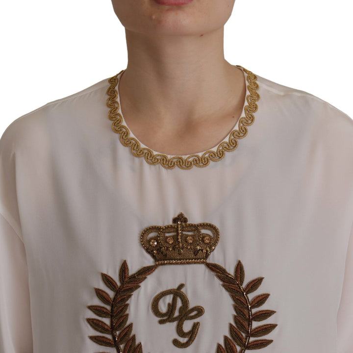 Dolce & Gabbana White Silk Gold DG Crown Crystal Blouse Top