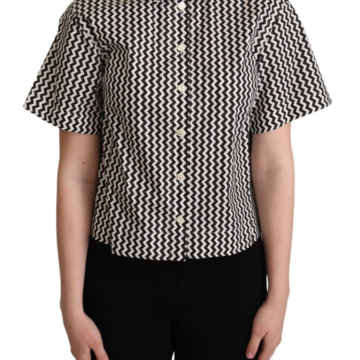 Dolce & Gabbana Black White Zigzag Collar Cotton Top Shirt