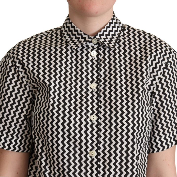 Dolce & Gabbana Black White Zigzag Collar Cotton Top Shirt