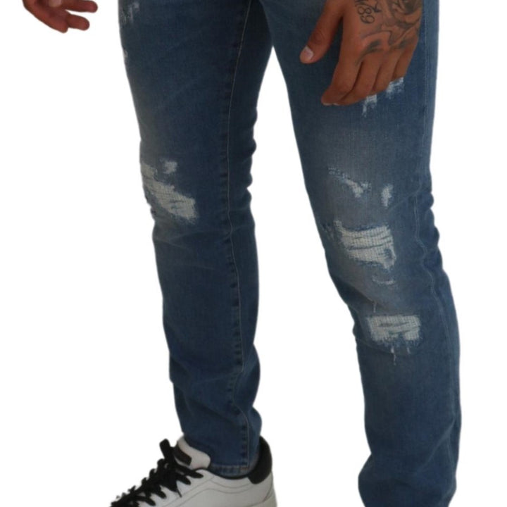 Dolce & Gabbana Blue Slim Fit Tattered Cotton Denim Jeans