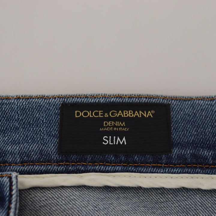 Dolce & Gabbana Blue Slim Fit Tattered Cotton Denim Jeans