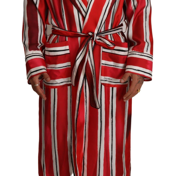 Dolce & Gabbana Red White Striped Silk Mens Night Gown Robe