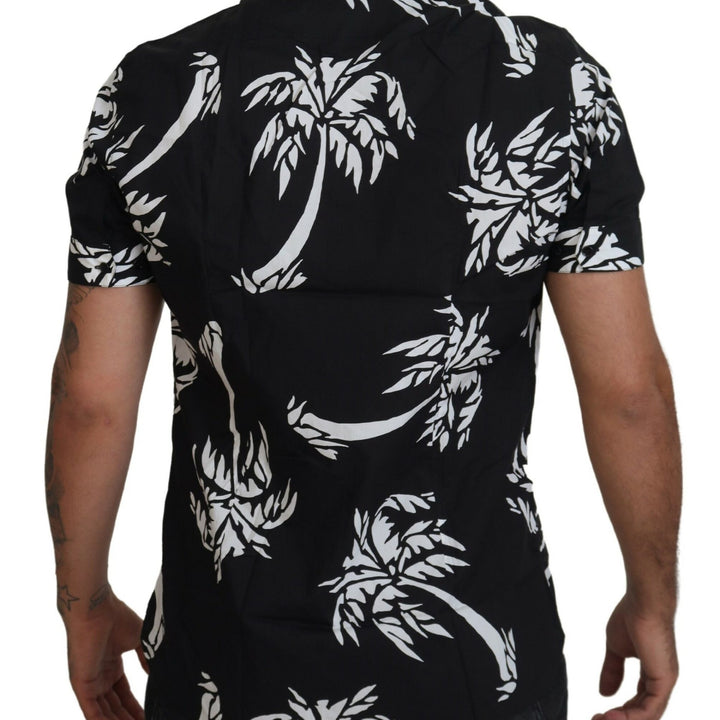 Dolce & Gabbana Black Palm Tree Cotton Silk Short Sleeve Shirt