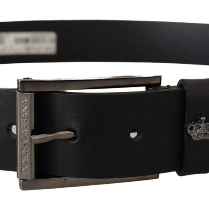 Dolce & Gabbana Black Calf Leather Engraved Crown Logo Buckle Belt