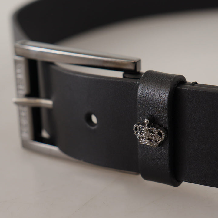 Dolce & Gabbana Black Calf Leather Engraved Crown Logo Buckle Belt