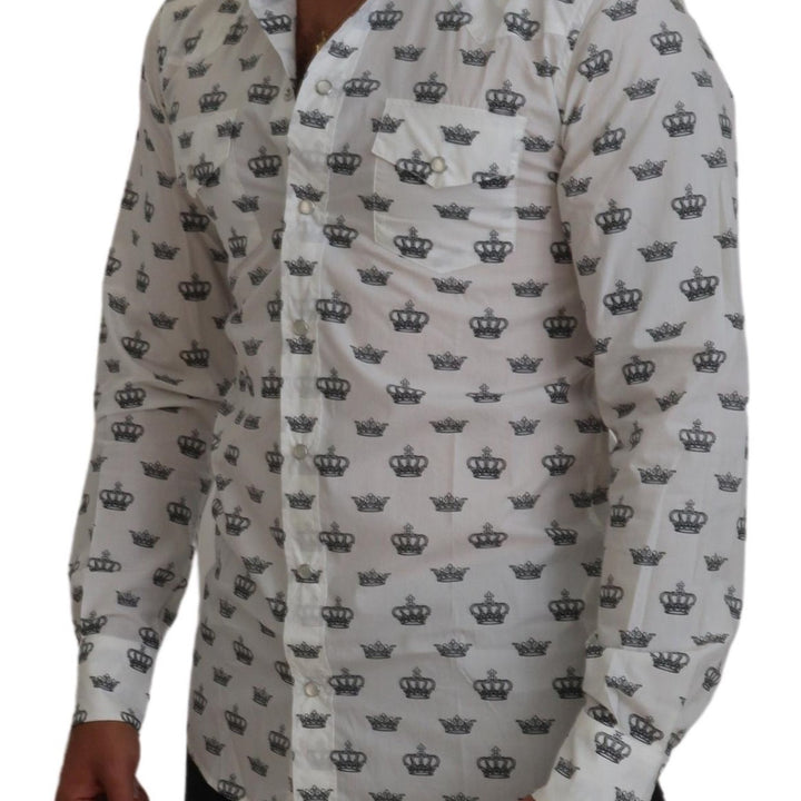 Dolce & Gabbana White Crown Print Slim Fit Cotton Shirt