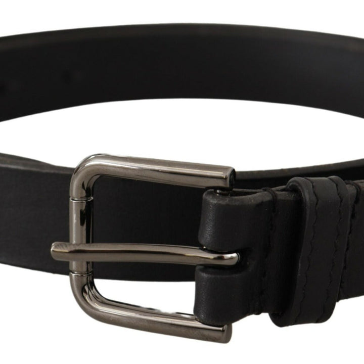 Dolce & Gabbana Black Calf Leather Logo Engraved Metal Buckle Belt